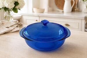 Vintage Pyrex Cobalt Blue Round Casserole Dish with Lid, 2 Qt Ribbed Glass Baker
